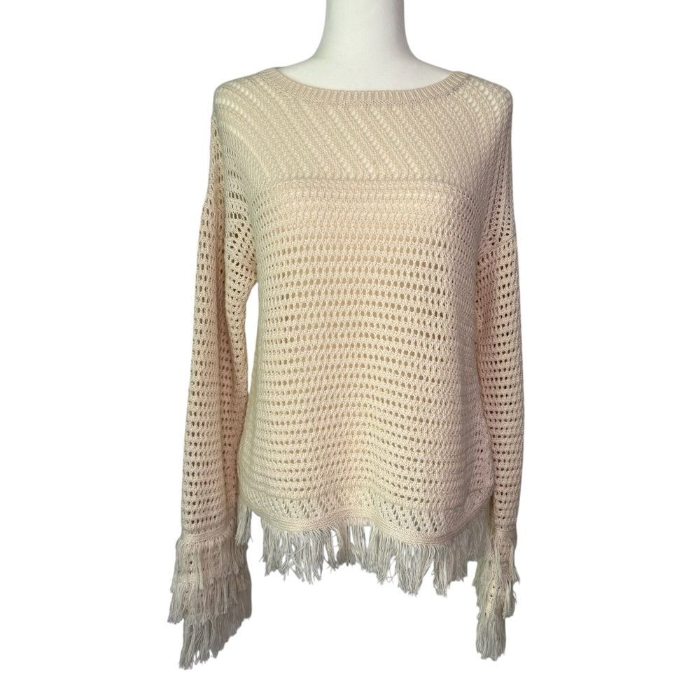Ramy Brook Mikay Sweater Medium Cream Pima Cotton Open Knit Fringe Boho